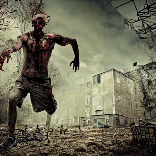 Prompt: an survivor running away from a huge muscular zombie in a abandoned hospital, eerie, highly detailed digital art, creepy, hdr