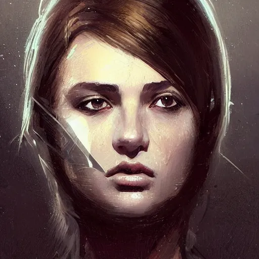 Image similar to Portrait of a woman by Greg Rutkowski, she is about 20 years old, round face, mixture turkish and russian, dark blonde hair with two strands around her face, attractive, sad and melancholy gaze, she is wearing a futuristic tactical space suit, highly detailed portrait, scifi, digital painting, artstation, concept art, smooth, sharp foccus ilustration, Artstation HQ.