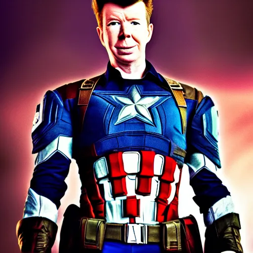 Prompt: a portrait of a Rick Astley as a captain America ,HDR, natural light, shoulder level shot, dynamic pose, award winning photograph, Mucha style, 8k,