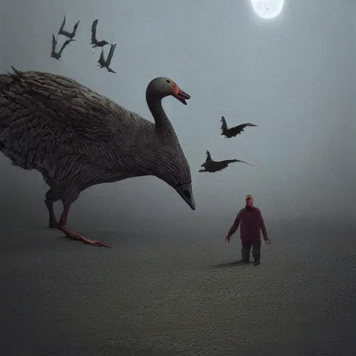 Image similar to a horror art of gargantuan goose chasing a tiny man, very dreadful goose, matte painting, dnd, trending on artstation, volumetric lighting, realistic shaded, zdislaw beksinski, spooky, horror art, panic, dread, terror