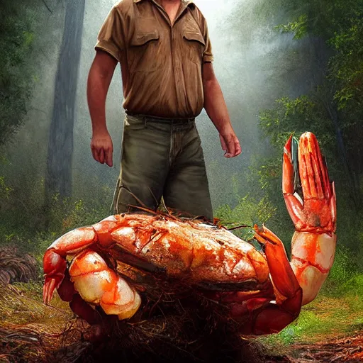 Prompt: Tom Hanks as forrest holding a giant shrimp over a campfire in the jungle, realistic digital painting, in the style of Aleksi Briclot, photoreailstic, realistic face, amazing detail, sharp