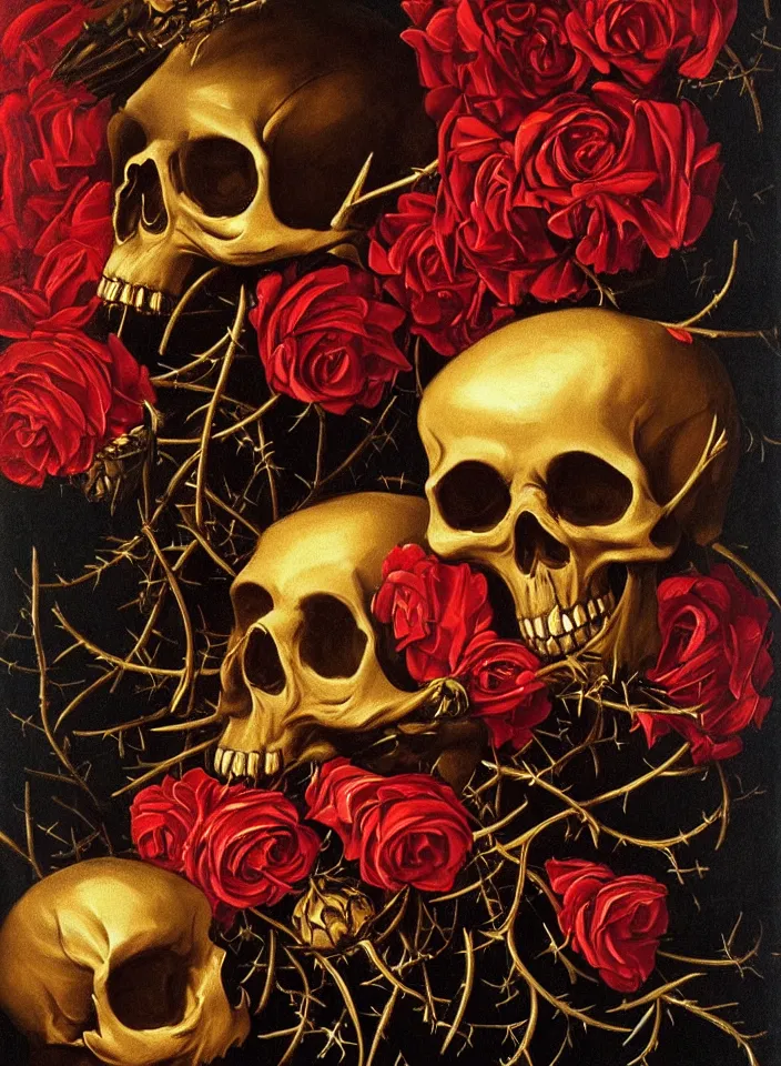 Prompt: a golden skull instead of a head, a wreath of thorns, a dress of bones and roses, horns, snakes, smoke, flames, full-length, oil painting in a renaissance style , very detailed, red background, painted by Caravaggio.