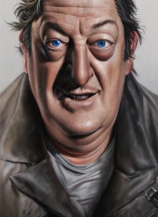 Prompt: portrait of stephen fry, gritty, dark, wearing a leather jacket, very detailed eyes, hyperrealistic, very detailed painting by Glenn Fabry, by Joao Ruas, by Artgerm