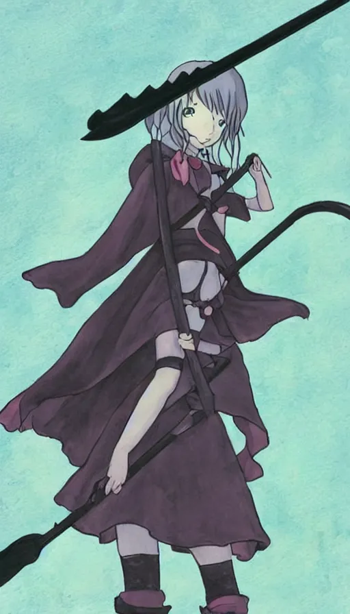 Image similar to the being death as a cute anime girl with a giant scythe from a studio ghibli film inspired by the death tarot card, dark vibes