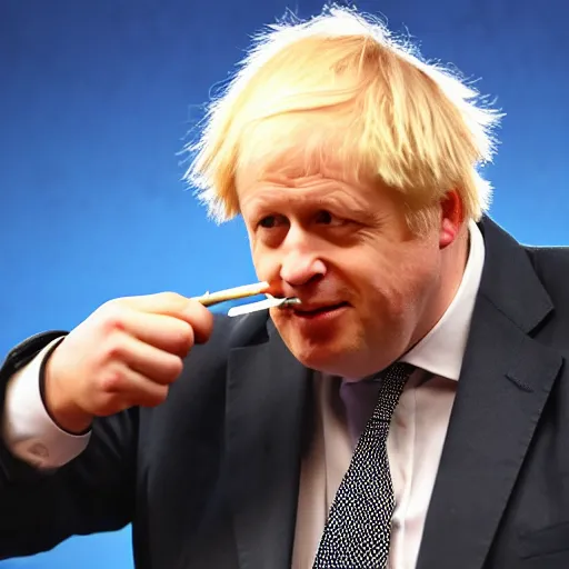 Image similar to medium shot photo of Boris Johnson with a joint with smoke coming out, 4k, ultra HD