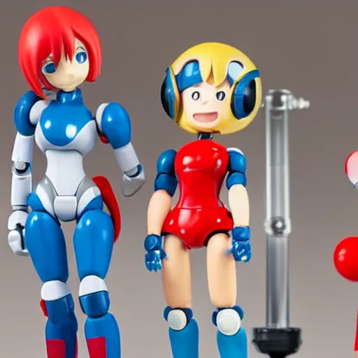 Prompt: photo of figma figures in a diorama of a laboratory : : roll is repairing computers, and she is a cute female ball - jointed robot ( in the style of mega man ) with blonde hair with bangs and a ponytail tied with a green ribbon. she is wearing a red one - piece dress with a white collar, and red boots.