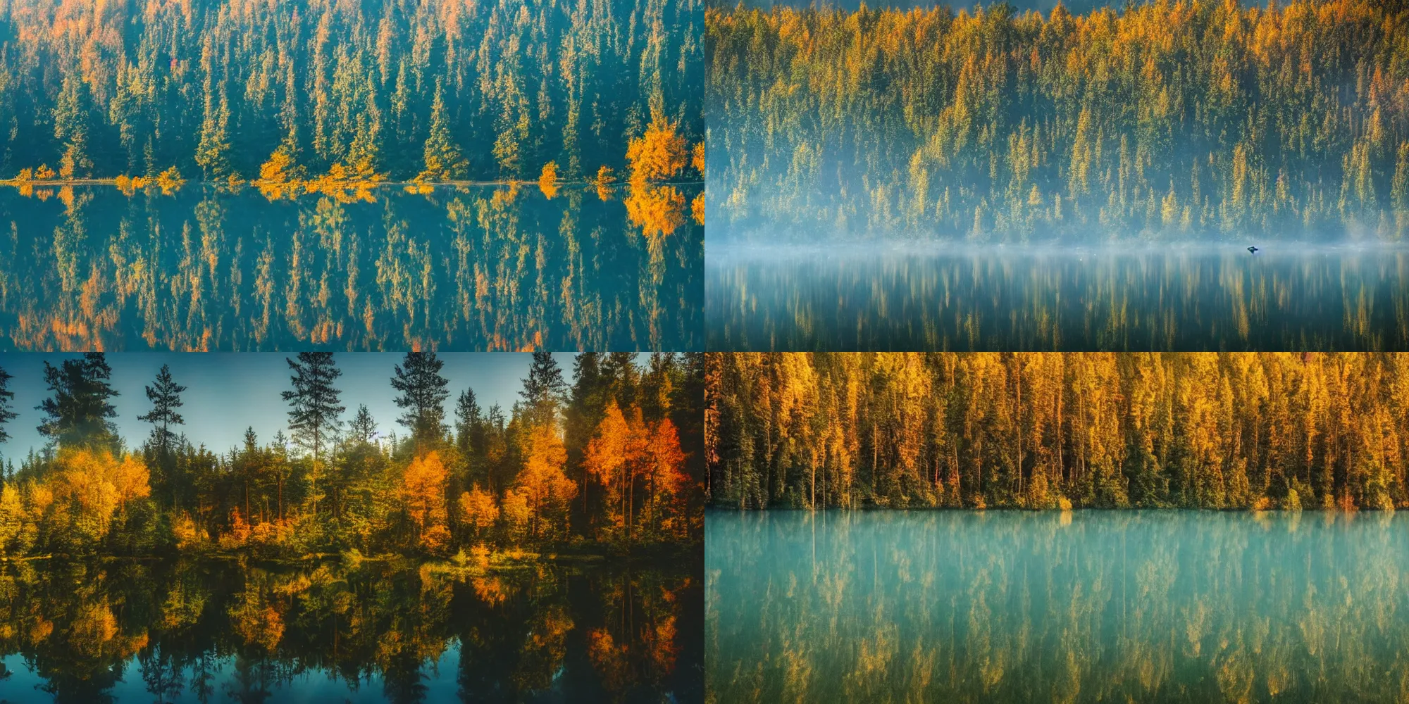 Prompt: highly reflective world of a breathtaking lake next to a forest of very tall trees during the fall with volumetric hazy komorebi flying pixies and fairies surrounded by fireflies