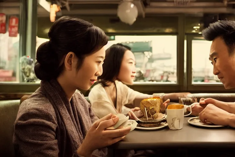 Image similar to VFX movie interior closeup beautiful Asian couple closeup sitting at 50s diner, night in the city, by Emmanuel Lubezki