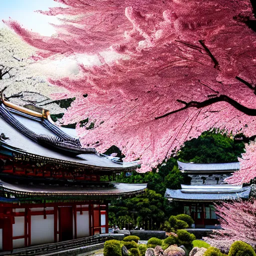 Image similar to An ancient shinto temple from Feudal Japan::8 cherry blossom trees::6 temple ruins::7 plant vegetation::5 fluffy clouds::3 sun rays::2 hyper realistic, high details, vivid colors, intricate details, artstation, octane, 8k