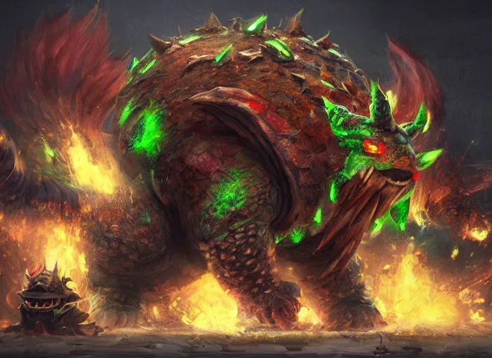 Prompt: detailed concept art of a huge giant bowser by cheng yi and luolin, aartstation, artstationhd, detailed scales, spiky and red hair tuft. green scales turtle. bowser, bowser nintendo, koopa, ~ bowser # bowser ( ( mario ) ) bcy. net, realistic. cheng yi, fire breathing. bowser