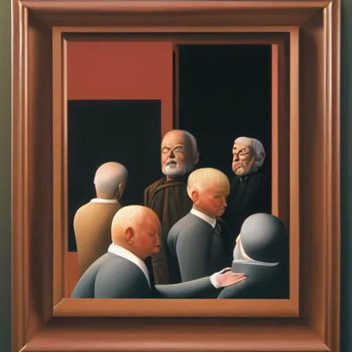 Image similar to oil painting by george tooker of a satirical presidential run