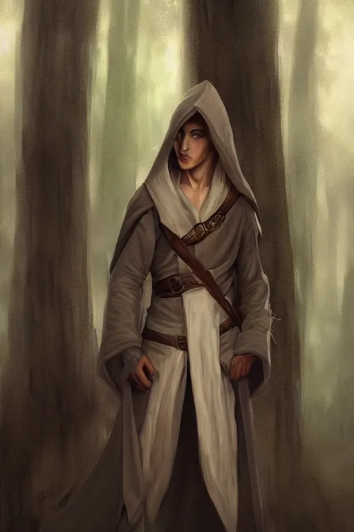 Image similar to beautiful, digital art, portrait painting of a male elf wizard, wearing linen hooded cloth. forest background. artstation, by jisu choe