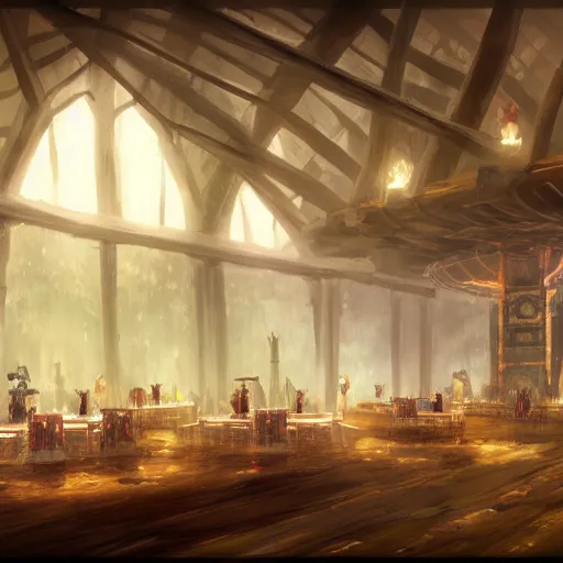 Prompt: interior of the banquet hall in the tribal cloud village, fantasy concept art, 4k