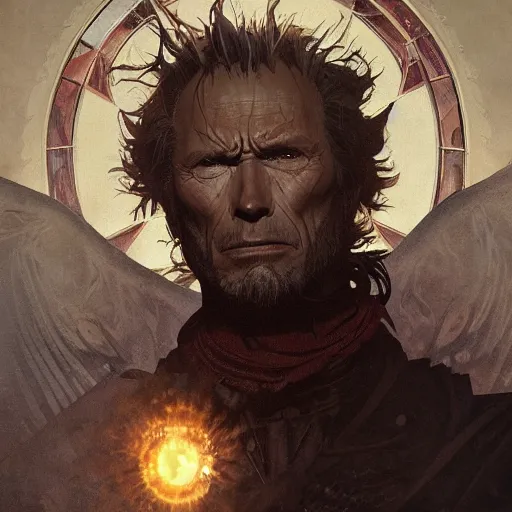 Image similar to Clint Eastwood as a Demonic God, evil, horrific, intricate, highly detailed, digital painting, artstation, concept art, sharp focus, illustration, art by greg rutkowski and alphonse mucha