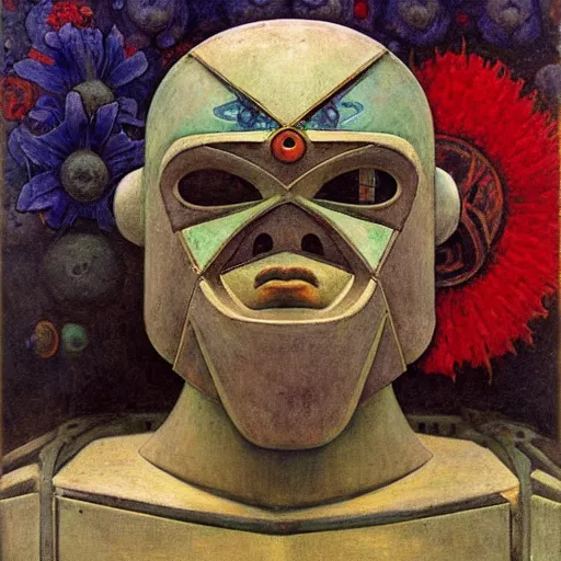 Prompt: a robot wearing a mask made of flowers, by annie swynnerton and diego rivera and nicholas roerich and jean delville, symbolist, dramatic lighting, elaborate geometric ornament, art brut, soft cool colors, smooth, sharp focus, extremely detailed, adolf wolfli and donato giancola and dan munford