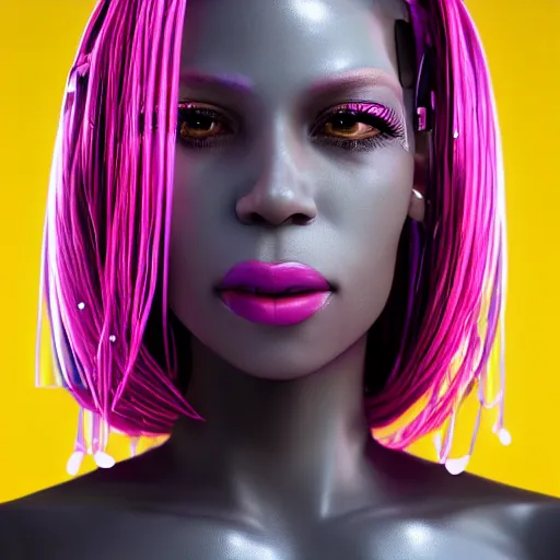 Image similar to portrait of a beautiful caribbean woman with pink hair as a cyberpunk cyborg half robot, revealing wires and electronics, circuit boards, wire management, sci - fi, missing panels, intricate abstract upper body intricate artwork, concept art, octane render, deviantart, cinematic, key art, hyperrealism, iridescent accents, portrait photograph, nikon 3 5 mm, photograph by greg rutkowski