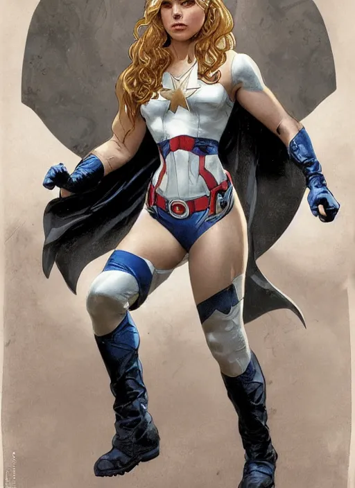 Image similar to toned young april with a mischievous face and extremely long blonde wavy hair dressed as superhero in her early twenties, posing with arms tucked behind back, captain america, tight fit, curvaceous, intricate detailed face, shiny, greg rutkowski, alphonse mucha