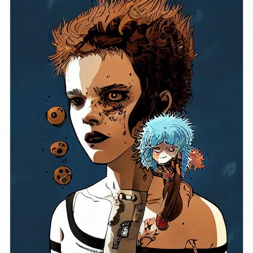 Image similar to Highly detailed portrait of a punk zombie young lady with freckles and brown curly hair hair by Atey Ghailan, by Loish, by Bryan Lee O'Malley, by Cliff Chiang, was inspired by image comics, inspired by scott pilgrim, inspired by graphic novel cover art !!!gold, silver, opal, brown, black, and white color scheme ((grafitti tag brick wall background))