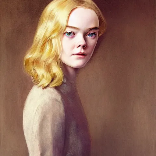 Prompt: Elle Fanning as an Android, oil on canvas, golden hour, in the world of Andrew Wyeth, artstation, by J. C. Leyendecker and Peter Paul Rubens,