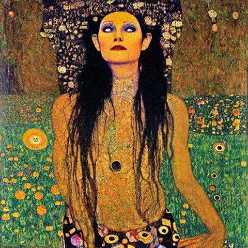 Image similar to portrait of a surreal goddess floating in the middle of a ancient wood, painting by Gustav Klimt and Andy Warhol