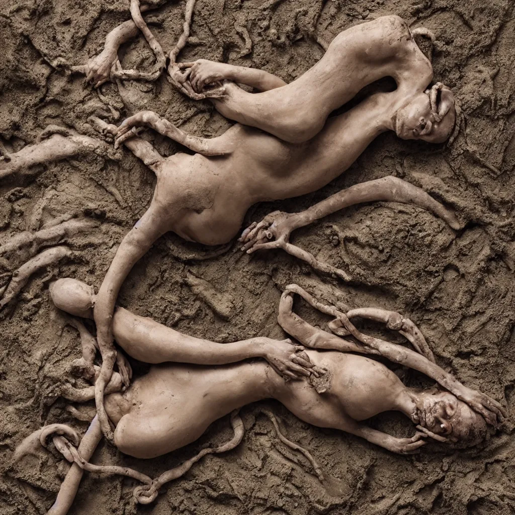Prompt: overhead view a woman's corpse connected by an umbilical cord to a baby buried under mud and oil spill, faded, depth of field,, ultra realistic, very detailed, by hans bellmer and nadav kander, 8 k hyper realistic detailed cinematic still