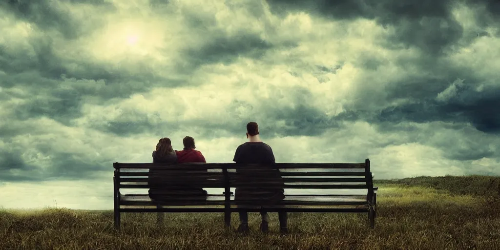 Image similar to a family with sorrow faces sitting on a bench, dramatic sky, close up shot, Greg Rutkowski, dramatic lighting