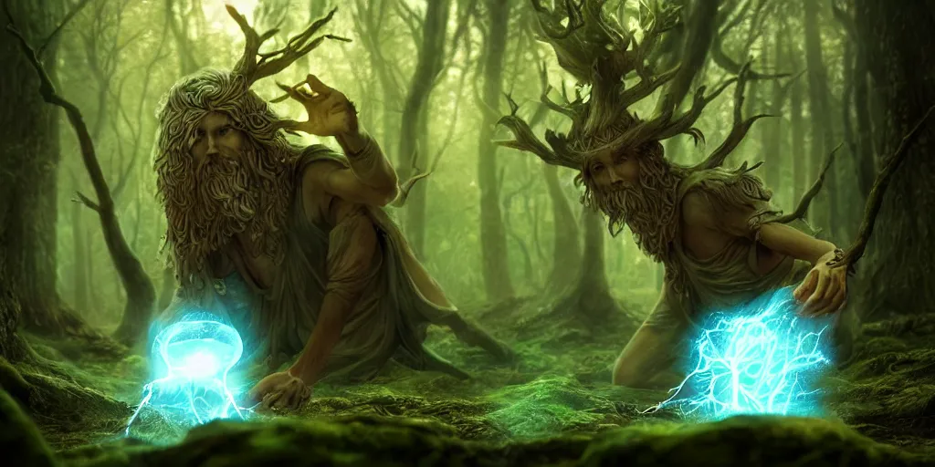 Prompt: a mythical, magical forest spirit wizard casting a spell on dice, glowing energy, fantasy magic, by willian murai and jason chan and marco bucci, hyper detailed and realistic, illustration, sharp focus, cinematic, rule of thirds, foresthour