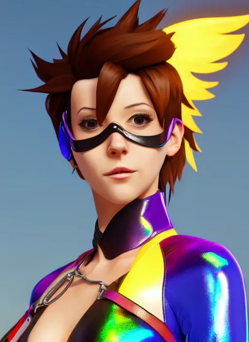 Image similar to portrait bust digital artwork of tracer overwatch, wearing iridescent rainbow latex and leather straps catsuit outfit, 4 k, expressive happy whistling face, makeup, in style of mark arian, angel wings, wearing detailed leather collar, chains, black leather harness, detailed face and eyes,