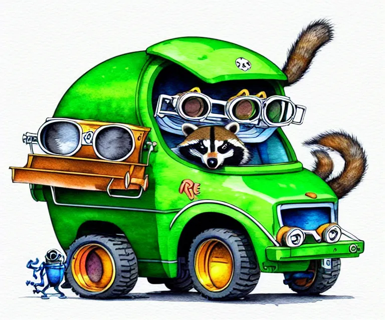 Image similar to cute and funny, racoon wearing goggles driving a tiny garbage truck, ratfink style by ed roth, centered award winning watercolor pen illustration, isometric illustration by chihiro iwasaki, edited by craola, tiny details by artgerm and watercolor girl, symmetrically isometrically centered