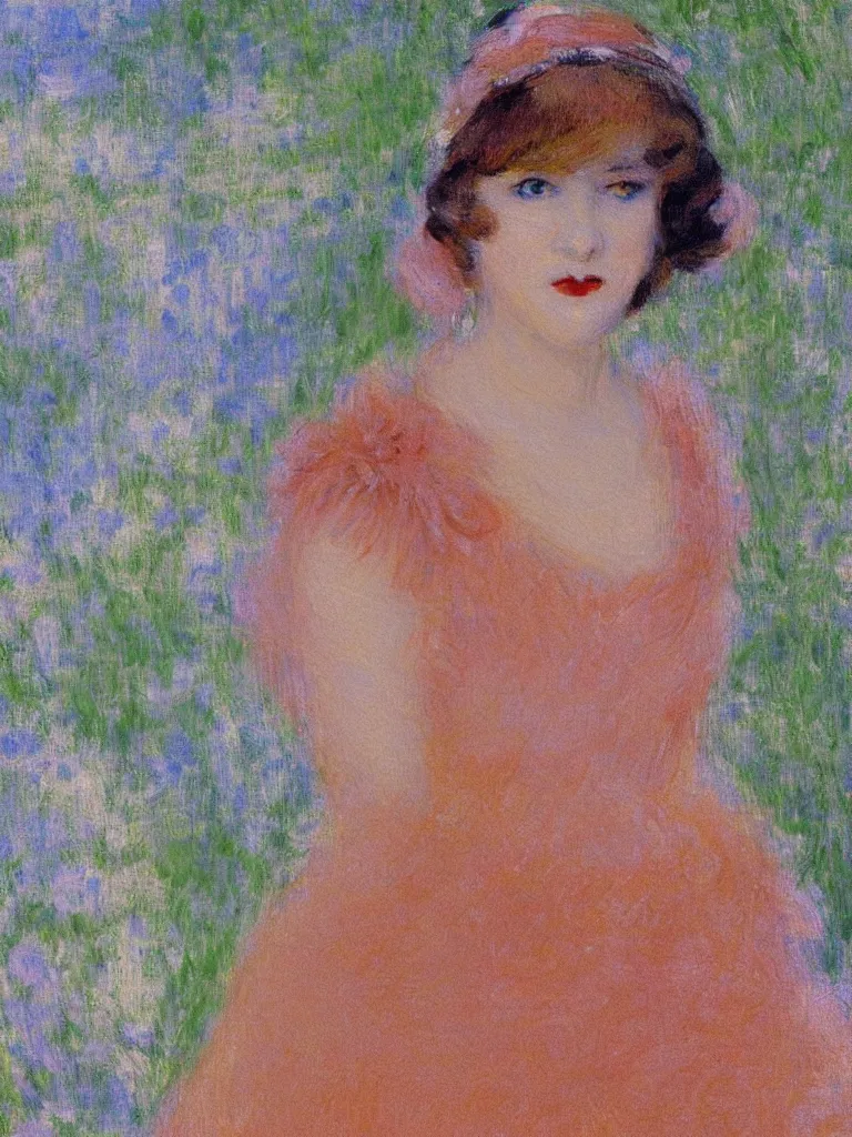 Image similar to portrait of < zelda fitzgerald > as a beautiful young lady wearing 1 9 2 0 s fashion, blurry face, fair, slim, fair, severe out of focus, depth of field, pleinairism, in the sun, backlit, closeup, oil on canvas, atr by monet, in the style of le promenade, smooth, impressionnisme, 8 k