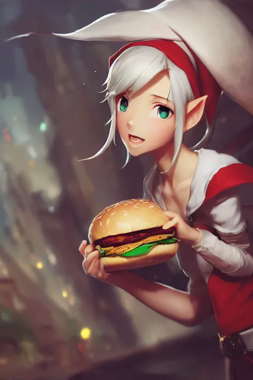 Image similar to adorable elf girl holding a burger, single subject, medium shot, ambient lighting, white hair, detailed face, by makoto shinkai, stanley artgerm lau, wlop, rossdraws