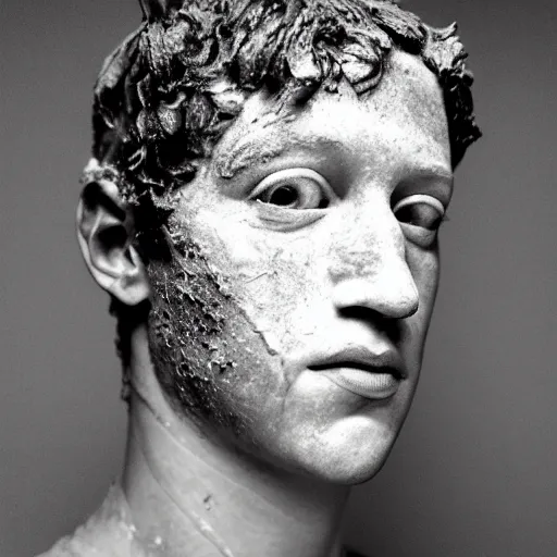 Prompt: Award-winning photograph by Cindy Sherman. The photo depicts a decaying roman bust of Mark Zuckerberg overgrown with moss at the bottom of the sea in the middle of ruins of civilization. Minimalism, high definition, perfect composition. Deep sea picture. Very dark. Volumetric Lighting. Fish. Darkness. Ruins