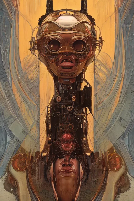 Image similar to portrait of mad alien robot queen, symmetrical, by yoichi hatakenaka, juan gimenez, brom, karol bak, alphonse mucha, james jean, drawing, illustration, cgsociety and artstation, clear line