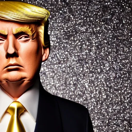 Image similar to Donald Trump with silver-violet hair, white eyes and golden glittery dress, wide lens, diorama, 4k,