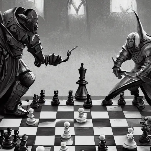 Image similar to two chess pieces fighting, the knight and the bishop on a wood chess board , fantasy art, in the style of greg rutkowski, illustration, epic, fantasy, intricate, hyper detailed, artstation, concept art, smooth, black and white, sharp focus, ray tracing