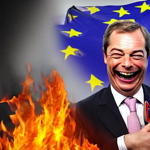 Image similar to nigel farage laughing holding burning eu flag, studio photograph, hd, studio