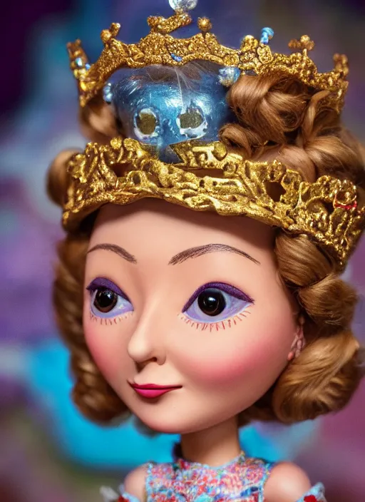 Image similar to closeup face profile portrait of tin toy felicity kendal as a fairytale princess wearing a crown eating cakes, bikini, depth of field, zeiss lens, detailed, symmetrical, centered, fashion photoshoot, by nicoletta ceccoli, mark ryden, lostfish, breathtaking, 8 k resolution, extremely detailed, beautiful, establishing shot, artistic, hyperrealistic, octane render