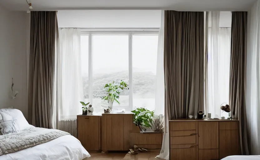 Prompt: art deco elegant bedroom interior, white, beige, slate, bed, walnut wood, bright, retro chic, minimalistic, swedish design, cupboards, giant windows with a view on green lush trees, sunset