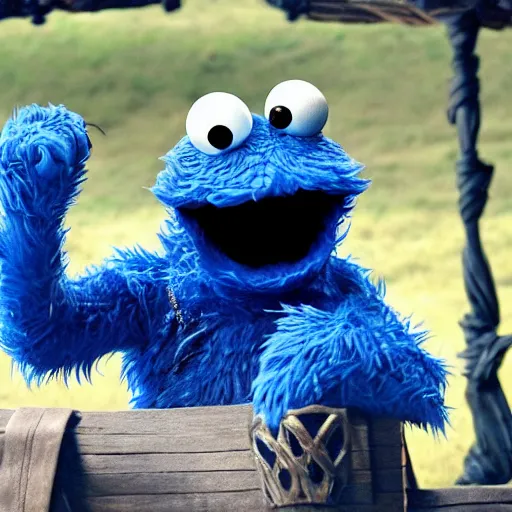 Image similar to cookie monster in game of thrones. having the time of his life.
