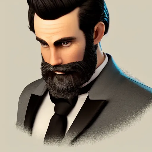 Image similar to a highly detailed portrait of a man, with a medium brown beard and hair, blue eyes, wearing a tuxedo, artstation, deviantart, professional, octane render