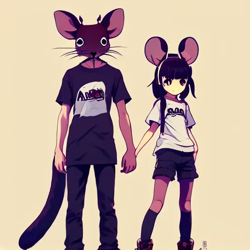 Prompt: a full body portrait of an anthropomorphic rat girl with large furry rat ears, and a long rat tail, dressed in a tee shirt and combats, finely detailed features, closeup on the faces, trending on pixiv fanbox, by makoto shinkai takashi takeuchi studio ghibli, akihiko yoshida