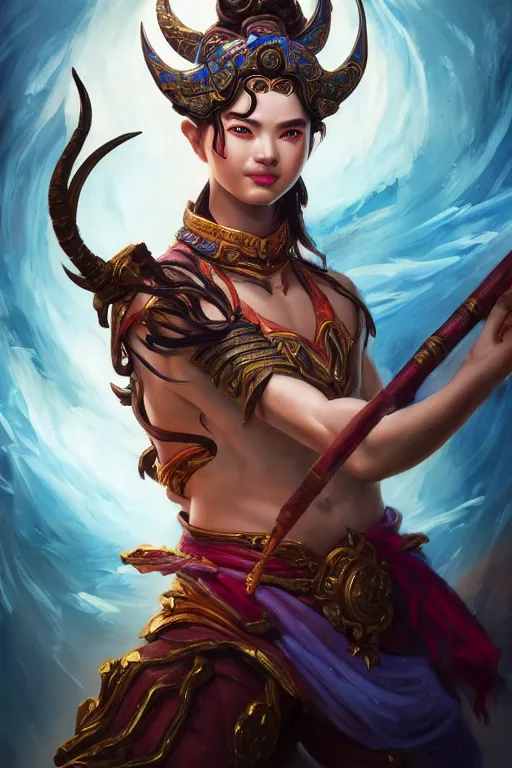 Image similar to a masterpiece portrait of nezha, legendary god holding spear, man, flame everywhere, epic pose, fantasy character portrait, closeup shot, hyper detailed, digital painting, 8 k realistic, trending on artstation, sharp focus, dof, by fenghua zhong, artgerm, ne zha from smite, jeff easley, raymond swanland