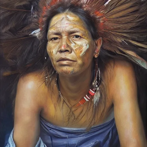 Prompt: high quality high detail painting by jenny saville, hd, a skinny beautiful indigenous woman tribe leader, hair in wind, many pretty feathers, photorealistic lighting