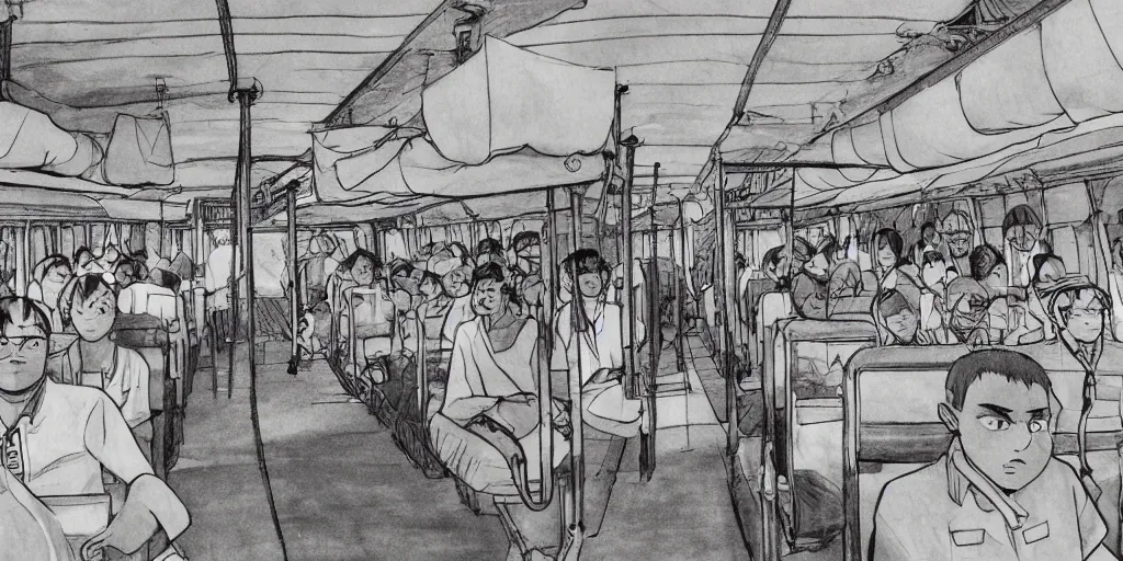 Prompt: inside sri lankan bus, drawn by hayao miyazaki, rule of thirds composition