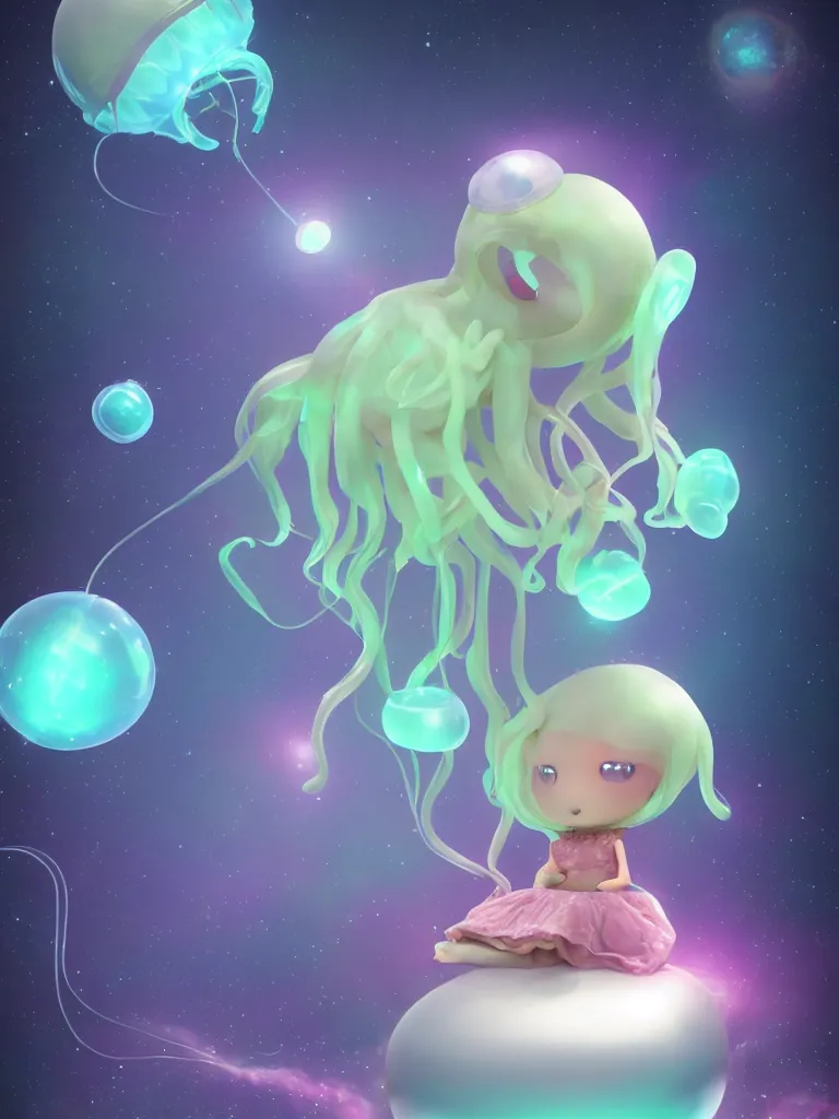 Prompt: cute fumo plush alien jellyfish girl sitting on a small island floating in the dark galactic abyss, heart eyes, vignette, vray