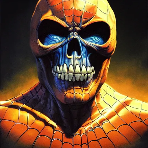 Image similar to ultra realistic portrait painting of skeletor as spider - man in spider - man remastered, art by frank frazetta, 4 k, ultra realistic, highly detailed, epic lighting