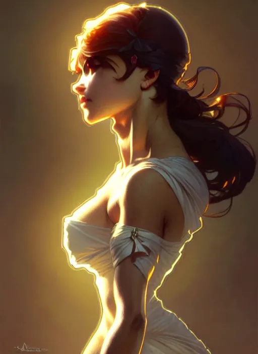 Image similar to 2 b, incredibly detailed face, pretty face, light dress, true anatomy, art by artgerm and greg rutkowski and alphonse mucha