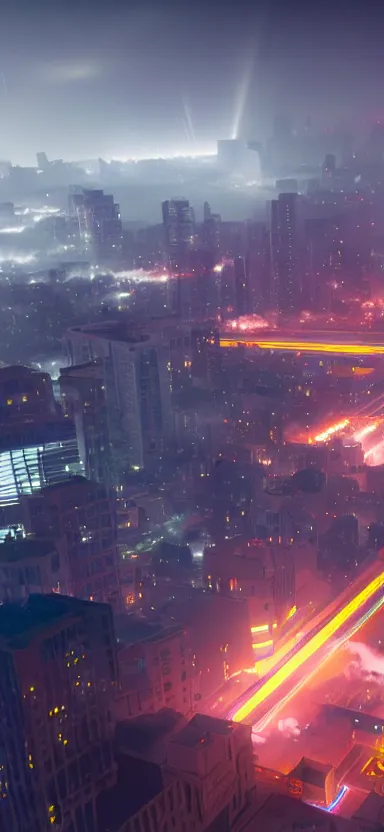 Prompt: unreal engine 5 render of a city with lasers coming out of the clouds, digital art ”