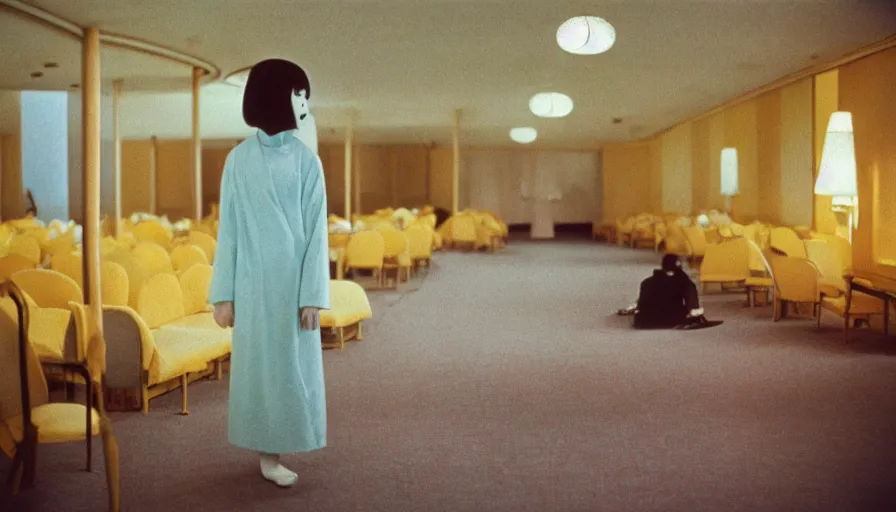 Prompt: 60s movie still of a white female japanese phantom in a yellow ballroom with light blue beds, cinestill 800t 35mm technicolor, heavy grain, high quality, higly detailed, liminal space style