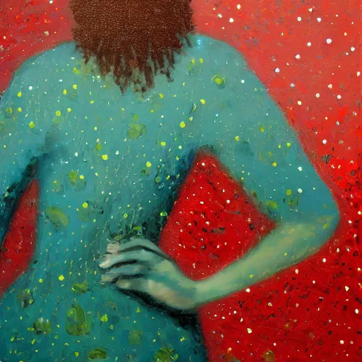 Prompt: a palette knife painting of a faceless teal woman with long curly hair. background is solid mulberry with tiny stars in the background, bokeh